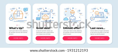Set of Industrial icons, such as Package box, Construction toolbox, Foreman symbols. Mobile screen banners. Online documentation line icons. Delivery goods, Architect helmet, Architect person. Vector