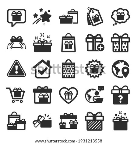 Gift icons. Present box, Offer and Sale. Shopping cart, Tag and Chat. Speech bubble, Give a gift box, question mark, birthday discount. Shopping sale cart, present tag, delivery. Flat icon set. Vector
