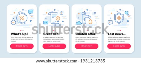 Set of Technology icons, such as Reject certificate, Loan percent, Tap water symbols. Mobile app mockup banners. Medical shield line icons. Decline file, Change rate, Faucet. Vector