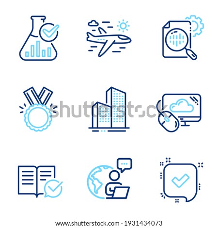 Business icons set. Included icon as Seo stats, Honor, Approved documentation signs. Cloud computing, Skyscraper buildings, Chemistry lab symbols. Confirmed, Airplane travel line icons. Vector