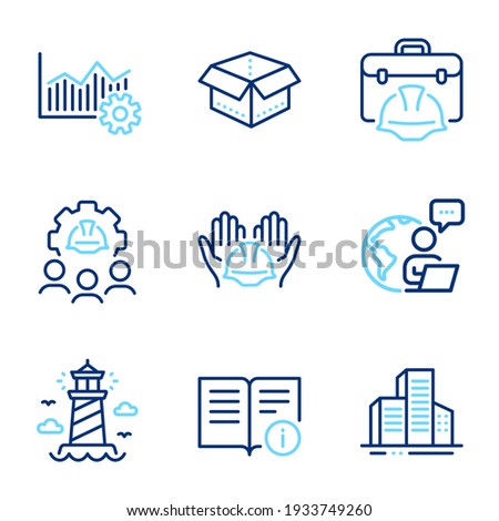 Industrial icons set. Included icon as Technical info, Lighthouse, Open box signs. Buildings, Construction toolbox, Builders union symbols. Engineering team, Operational excellence. Vector