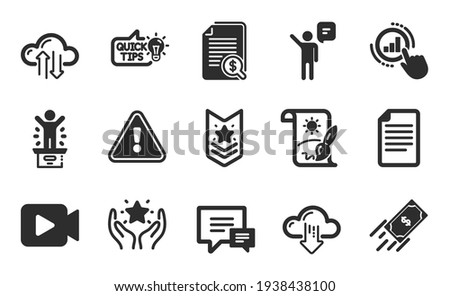 Education idea, File and Agent icons set. Comment, Video camera and Cloud sync signs. Vector