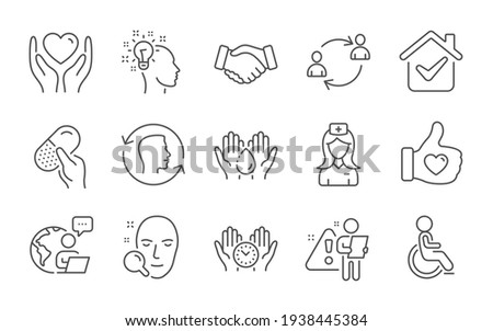 Capsule pill, Disabled and Safe time icons set. Handshake, Face search and User communication signs. Vector