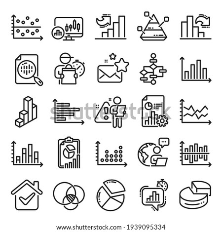 Charts and Diagrams line icons. Set of 3D Chart, Block diagram and Dot Plot graph icons. Vector