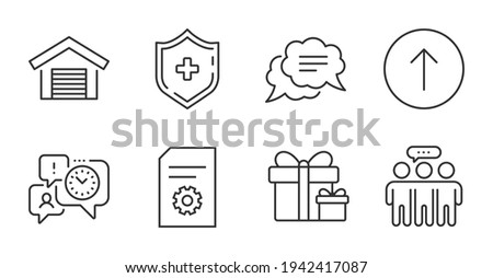 Swipe up, Surprise package and File settings line icons set. Employees group, Time management and Text message signs. Parking garage, Medical shield symbols. Quality line icons. Swipe up badge. Vector