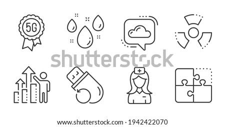 5g technology, Flash memory and Rainy weather line icons set. Employee results, Cloud communication and Chemical hazard signs. Puzzle, Hospital nurse symbols. Quality line icons. Vector