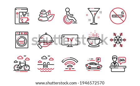 Hotel service line icons. Wi-Fi, Air conditioning and Coffee maker machine. Spa stones, swimming pool and hotel parking icons. Linear set. Linear set. Quality line set. Vector