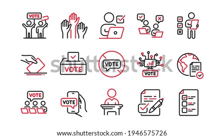 Voting line icons. Public Election, Vote Box, Ballot Paper icons. Candidate, Politics voting and People vote. Government election, Raised hands, Document checklist. Online poll result. Vector