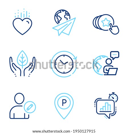 Business icons set. Included icon as Edit user, Fair trade, Time change signs. Heart, Statistics timer, Paper plane symbols. Parking, Hold heart line icons. Profile data, Safe nature. Vector