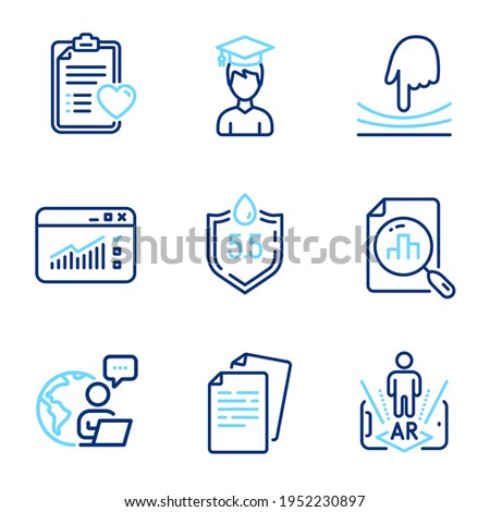 Science icons set. Included icon as Patient history, Elastic, Web traffic signs. Student, Ph neutral, Documents symbols. Analytics graph, Augmented reality line icons. Line icons set. Vector