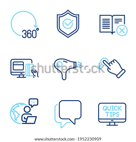 Technology icons set. Included icon as Reject book, Talk bubble, 360 degrees signs. Hair dryer, Online payment, Approved shield symbols. Drag drop, Web tutorials line icons. Line icons set. Vector