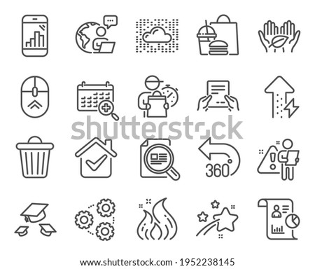 Science icons set. Included icon as Check article, Receive file, Report signs. 360 degrees, Swipe up, Energy growing symbols. Fair trade, Graph phone, Throw hats. Trash bin, Cloud system. Vector