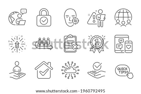 Fireworks explosion, Security lock and Global business line icons set. Quick tips, Approved and Recruitment signs. Social media, Problem skin and Reward symbols. Line icons set. Vector