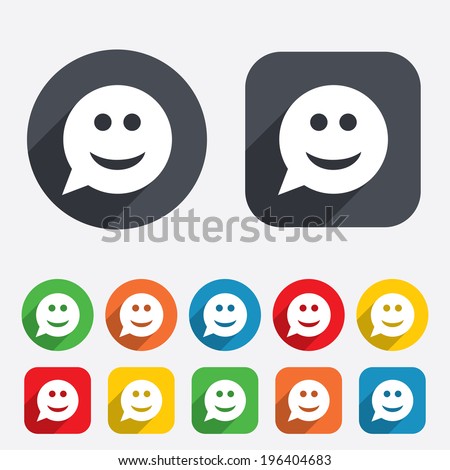 Smile face sign icon. Happy smiley chat symbol. Speech bubble. Circles and rounded squares 12 buttons. Vector