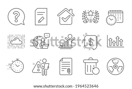 Upper arrows, Ranking and Chemical hazard line icons set. Payment message, Recovery trash and Edit document signs. Cloud system, Question mark and Timer symbols. Line icons set. Vector