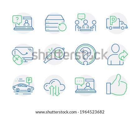 Business icons set. Included icon as Friends chat, Truck parking, Faq signs. Whistle, Cloud sync, Refer friend symbols. Computer mouse, People chatting, Question mark. Recovery server. Vector