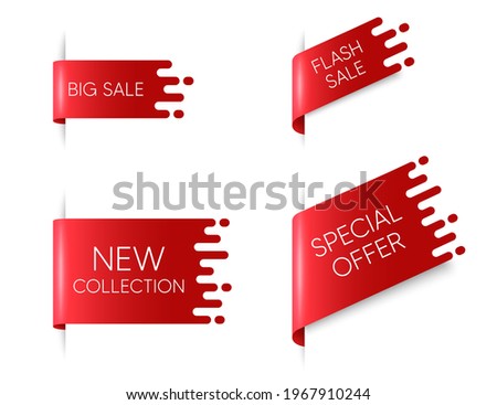 New ribbon banners. Big flash sale red sticker with transition pattern. New collection ribbon tags. Isolated flash sale banners with flow pattern. Promotion offer stickers. Vector badges and labels