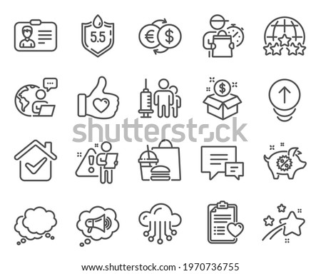 Business icons set. Included icon as Speech bubble, Post package, Cloud storage signs. Piggy sale, Ph neutral, Like hand symbols. Patient history, Comment, Medical vaccination. Swipe up. Vector