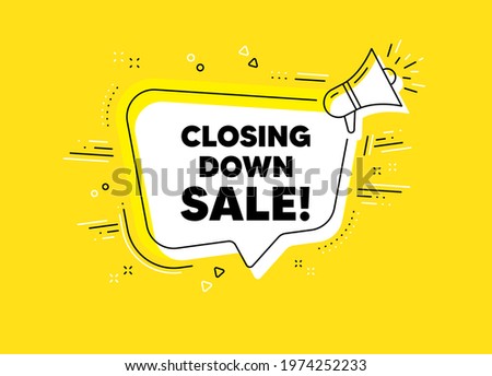 Closing down sale. Megaphone yellow vector banner. Special offer price sign. Advertising discounts symbol. Thought speech bubble with quotes. Closing down sale chat think megaphone message. Vector