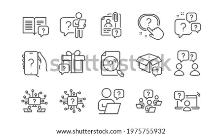 Questions line icons. Artificial Intelligence computer, phone with Question mark, Problem solve. Quiz, faq guide, job interview line icons. Ask person, question chat bubble. Linear set. Vector