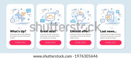 Set of Business icons, such as Chemistry dna, Cloud communication, Saving money symbols. Mobile app mockup banners. Flight mode line icons. Chemical formula, Online message, Piggy bank. Vector
