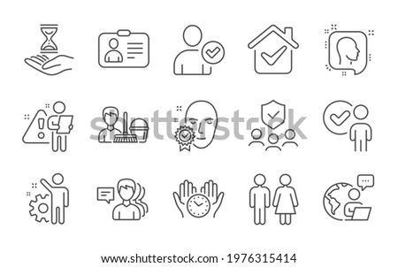 Identity confirmed, Head and Employee line icons set. Verification person, Safe time and Cleaning service signs. People, Restroom and Id card symbols. Line icons set. Vector