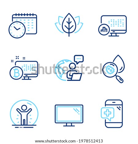 Science icons set. Included icon as Recovered person, Water analysis, Report statistics signs. Bitcoin system, Monitor, Calendar time symbols. Organic tested, Medical phone line icons. Vector