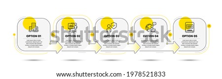 Presentation, Buildings and Security line icons set. Timeline process flowchart. Ssd sign. Business conference, City architecture, Body guard. Memory disk. Business set. Vector