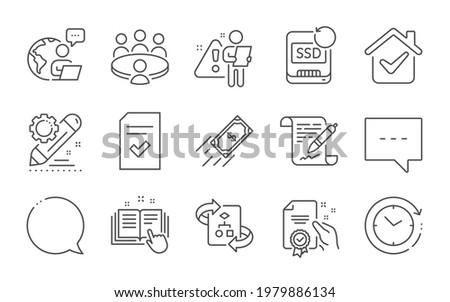 Agreement document, Meeting and Blog line icons set. Certificate, Fast payment and Recovery ssd signs. Technical documentation, Time change and Checked file symbols. Line icons set. Vector