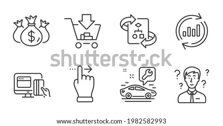 Check investment, Technical algorithm and Online payment line icons set. Support consultant, Shopping and Touchscreen gesture signs. Car service, Update data symbols. Quality line icons. Vector