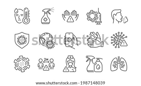 Coronavirus line icons. Medical Mask, Washing Hands, Corona Virus Symptoms. Social Distance, Hand Sanitizer, Face mask line icons. Covid-19 pandemic, Lung Disease, coronavirus hygiene. Vector