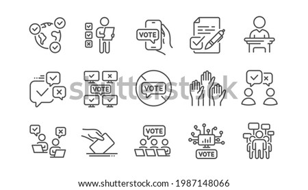 Voting line icons. Public Election, Vote Ballot Paper icons. Candidate, Politics voting and People vote. Government election, Raised hands, Document checklist. Online poll result. Linear set. Vector