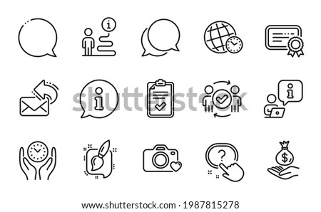 Education icons set. Included icon as Photo camera, Painting brush, Certificate signs. Checklist, Safe time, Speech bubble symbols. Approved teamwork, Share mail, Income money. Time zone. Vector