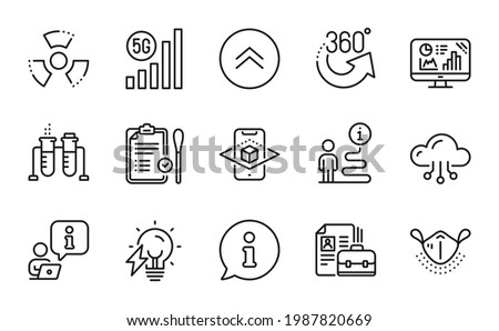 Science icons set. Included icon as Electricity bulb, Nasal test, Swipe up signs. Analytics graph, Augmented reality, 5g wifi symbols. 360 degrees, Chemical hazard, Medical mask. Vacancy. Vector