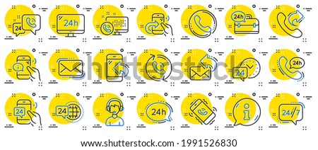 Processing line icons. Set of Callback or feedback, Call support and Chat message icons. 24 hour service, Call centre, 24h. Telephone callback, support message, feedback phone center. Vector