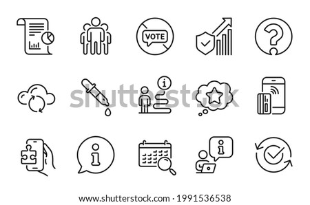 Technology icons set. Included icon as Stop voting, Report, Approved signs. Loyalty star, Cloud sync, Security statistics symbols. Contactless payment, Question mark, Group. Puzzle game. Vector