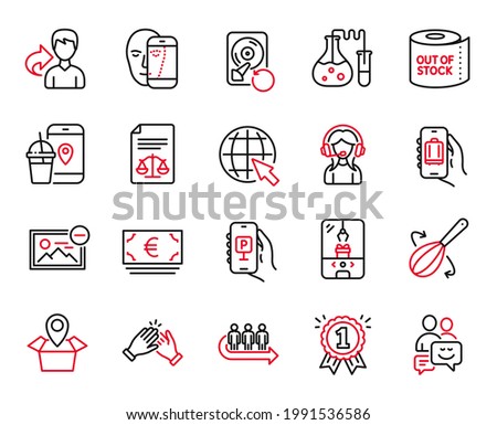 Vector Set of Business icons related to Recovery hdd, Baggage app and Face biometrics icons. Clapping hands, Parking app and Legal documents signs. Support, Euro currency and Reward. Share. Vector