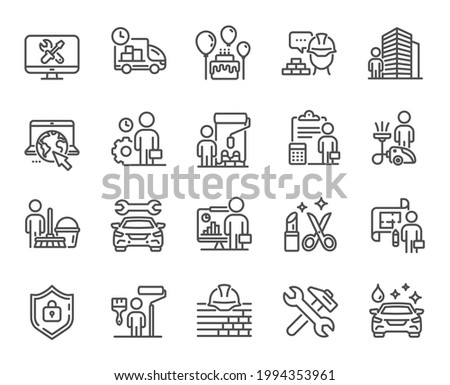 Professional services line icons. Car repair, Home cleaning, Engineering service line icons. Builder and Painter, Wrench tool with hammer, Car wash. Birthday events and internet services. Vector