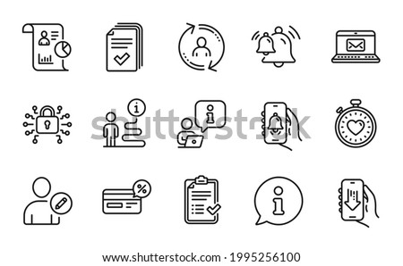 Technology icons set. Included icon as Bell alert, Edit user, Bell signs. Handout, Approved checklist, Report symbols. User info, Cashback, Download app. Heartbeat timer, Security lock. Vector