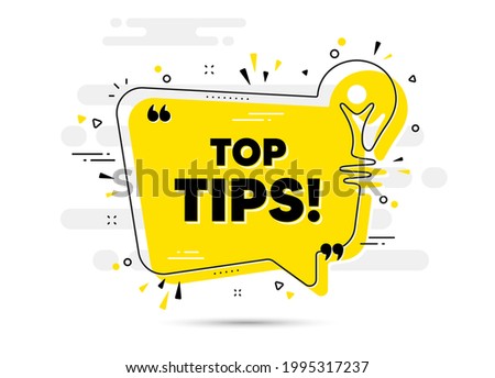 Top tips symbol. Yellow idea chat bubble background. Education faq sign. Best help assistance. Top tips chat message lightbulb. Idea light bulb background. Vector