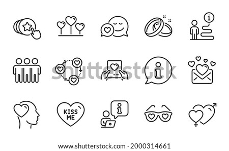 Love icons set. Included icon as Dating, Hold heart, Kiss me signs. Male female, Love heart, Friendship symbols. Wedding rings, Love glasses, Friends community. Friend line icons. Vector