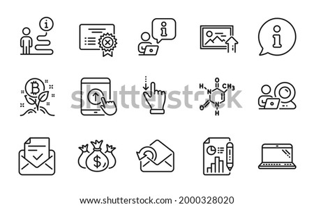 Technology icons set. Included icon as Laptop, Check investment, Bitcoin project signs. Send mail, Video conference, Touchscreen gesture symbols. Reject certificate, Swipe up, Upload photo. Vector