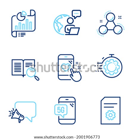 Technology icons set. Included icon as Seo timer, Heart rating, Search text signs. File settings, Chemistry molecule, Report document symbols. 5g phone, Megaphone line icons. Line icons set. Vector