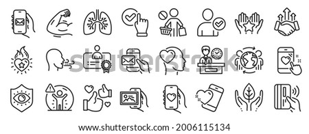 Set of People icons, such as Contactless payment, Stop shopping, Heart icons. Identity confirmed, Messenger mail, Global business signs. Friend, Dating app, Breathing exercise. Heart flame. Vector