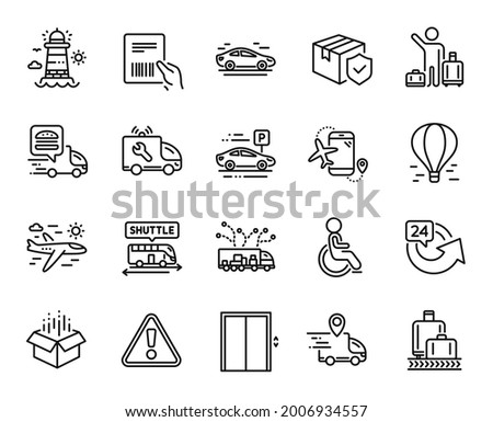 Vector set of Truck delivery, Flights application and Airport transfer line icons set. Airplane travel, Disabled and Car icons. Parcel insurance, Shuttle bus and Parcel invoice signs. Vector