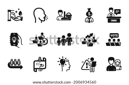 Vector set of Teamwork chart, Cough and Manager icons simple set. Cleaning service, Exhibitors and Search employee icons. Remove team, Washing hands and Teamwork signs. Vector