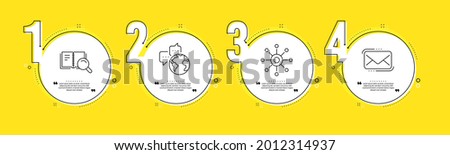 World communication, Multichannel and Search book line icons set. Timeline process infograph. Messenger mail sign. Business messenger, Multitasking, Online education. New e-mail. Vector