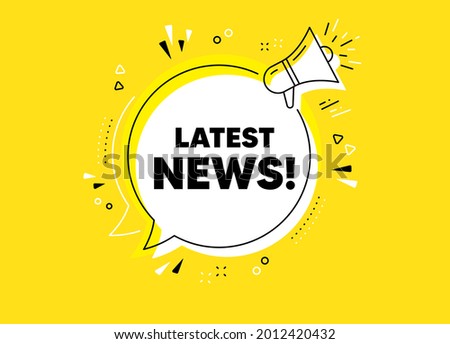 Latest news symbol. Megaphone yellow vector banner. Media newspaper sign. Daily information. Thought speech bubble with quotes. Latest news chat think megaphone message. Vector