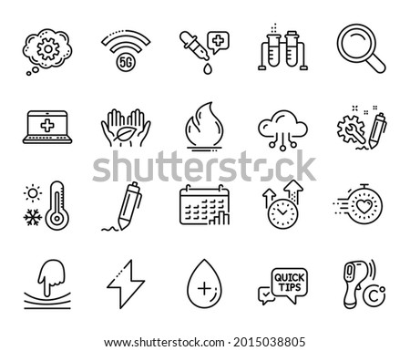 Vector set of Time management, Fire energy and Chemistry pipette line icons set. Energy, Engineering and Oil serum icons. Weather thermometer, Chemistry beaker and Timer signs. Vector