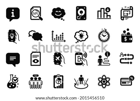 Vector Set of Technology icons related to Journey path, Architectural plan and Bitcoin pay icons. Report, Chemistry atom and Smile chat signs. Messenger, Employees group and Time. Hdd. Vector